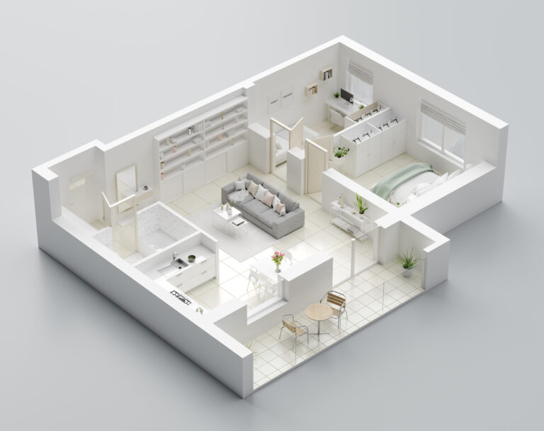 3D floor plan of a home with furniture and white walls on grey background