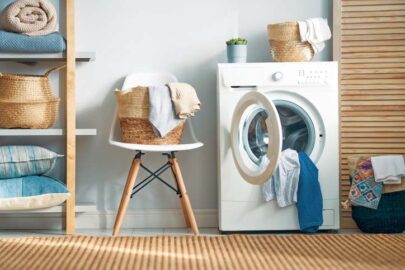 A washing machine in a laundry room.