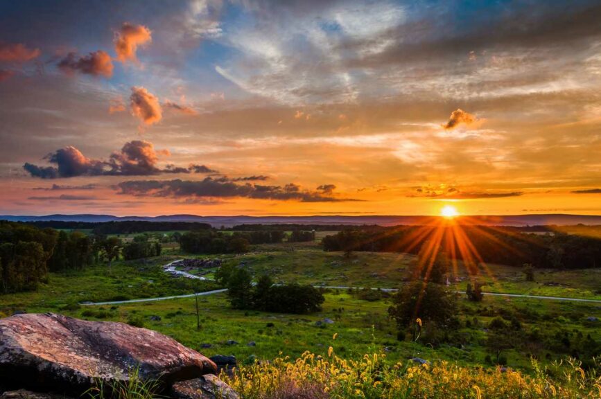 The sun setting over Gettysburg.