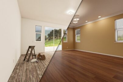 Empty room in a house is split down the middle between before and after remodeling.