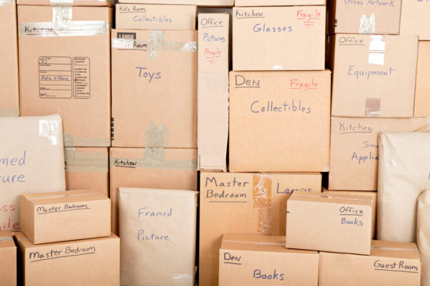 A room full of labeled moving boxes.