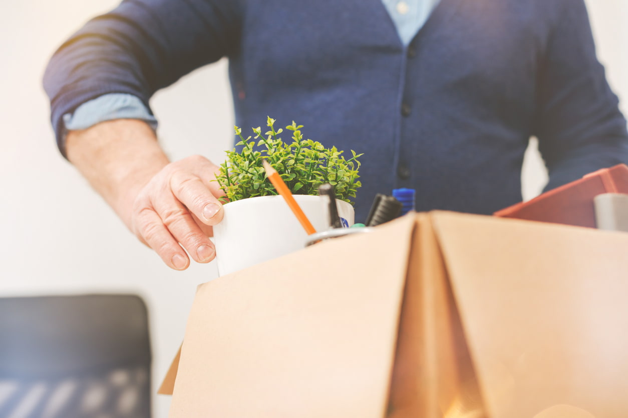 A person placing a plant into a box of office supplies.