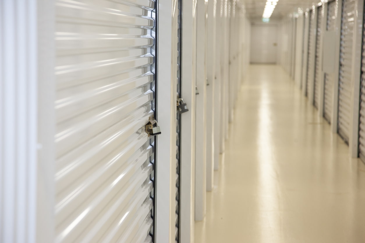 Hallway of an indoor self storage facility.