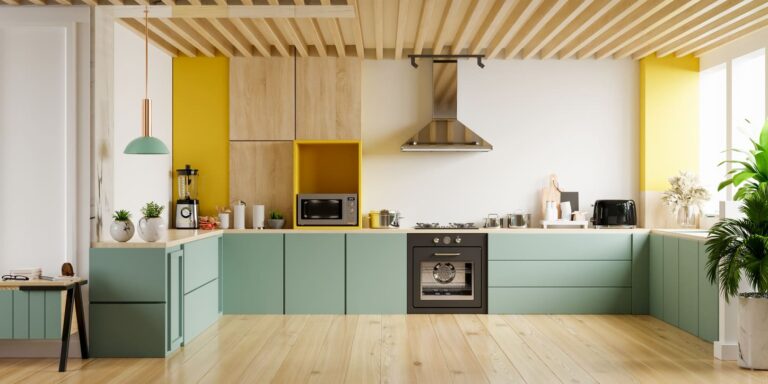 Modern kitchen interior with furniture. Stylish kitchen interior with yellow wall.