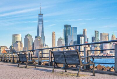 Side-view shot taken of Downtown Manhattan and Jersey City.