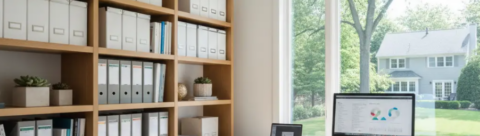 A bright New Jersey home office features organized storage shelving and a large window overlooking a lush green backyard.
