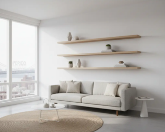 A bright, minimalist studio apartment with floating wooden shelves and natural light, showcasing an organized tiny home.
